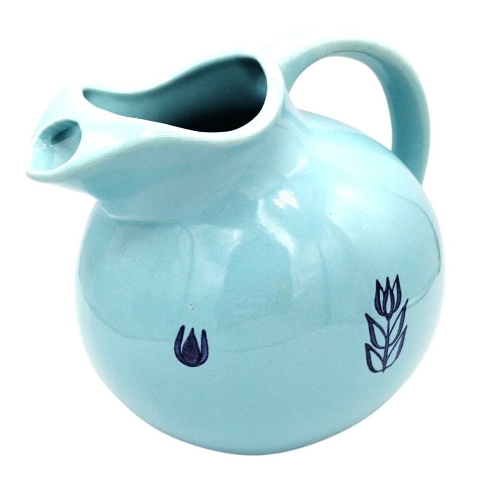 Cronin Robins Egg Blue Danish Tulip Print Ceramic Pitcher USA Pottery 1950s